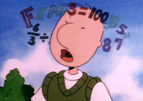 Gif (imagem com movimento) do personagem Doug do canal Nickelodeon. Ele está com feição de quem está gritando de desespero enquanto números e equações matemáticas giram rapidamente ao redor da sua cabeça.