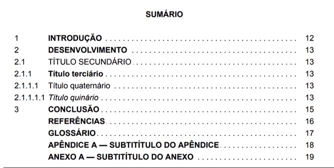 Quadro branco ilustrando o sumário com suas informações e exemplificando as regras de como elaborar uma Sumário de acordo com a ABNT (a imagem contém texto que pode ser verbalmente reproduzido, sem nenhuma ilustração ou foto).