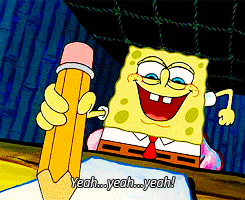 Gif (imagem em movimento) do Bob Esponja – personagem de desenho animado – empolgado ao escrever uma redação. O Gif tem a legenda “Yeah...yeah...yeah!”
