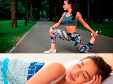 Na parte superior da imagem, uma jovem (mulher) está se alongando em uma parque com um top cinza e uma calça de academia colorida. Ela está se preparando para fazer exercícios ao ar livre. Já na parte inferior da imagem, a mesma jovem está dormindo e coberta com um cobertor azul estampado.
