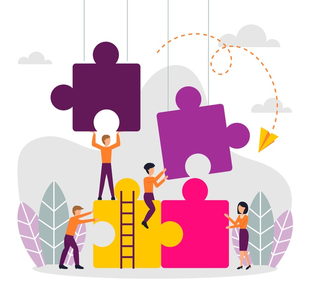 Desenvolver habilidades pessoais ajuda a entender melhor o que se deve aprender fora da escola. Essa ilustração tem um fundo de nuvens, montanhas e folhas mesclando as cores roxo e azul. Há um grupo de pessoas, vestindo uma calça roxa e uma blusa laranja, que está montando em equipe um quebra-cabeça cujas peças são amarelas, rosas e roxas. Ela mostra diferentes pessoas trabalhando junto para resolver problemas e construir algo novo.