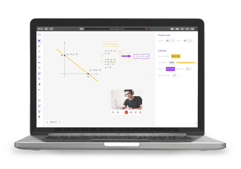 Computador mostrando a Sala de Aula Virtual da Liber ilustrando algumas de suas ferramentas como: desenhar gráficos, usar formas geométricas, lápis, textos, equações, videochamada e muito mais. Tudo personalizado.