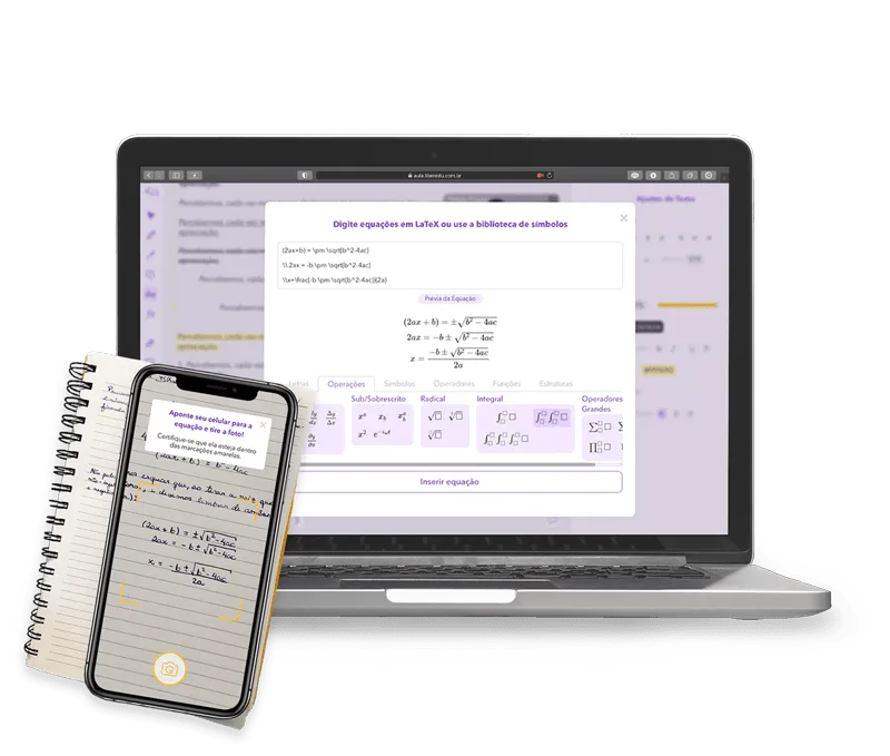 Computador mostrando a Sala de Aula Online da Liber ilustrando a ferramenta de escanear, digitalizar e ditar equações e textos. Com uma foto, é possível passar um exercícios, questão, fórmula de matemática ou física para o quadro branco virtual durante a aula de reforço escolar