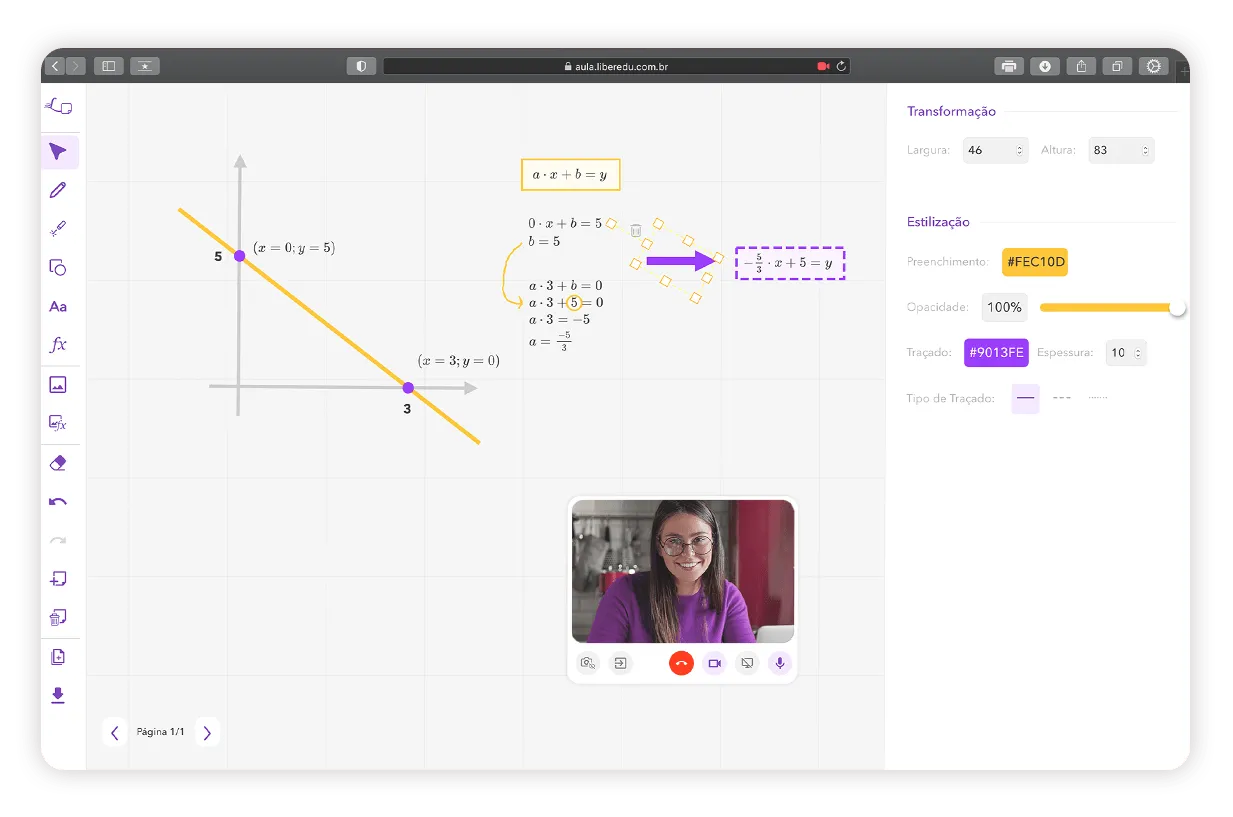 Captura de tela da Sala de Aula Online da Liber. 
                     Na esquerda há diversas ferramentas que podem ser usadas (lápis, formas geométricas, textos, equações, escaner de textos e equações escritos à mão, anexar imagens, adicionar páginas ao quadro branco, etc.).
                     No Quadro Branco da Sala Liber há a resolução de uma equação de primeiro grau.
                     É possível ver a câmera da Tutora bem como as opções de videochamada (mutar o microfone, ligar ou desligar a câmera, compartilhar tela, etc.).
                     Na direita, há um menu com as opções de estilização dos desenhos e textos do quadro branco (podendo alterar cor, espessura, tamanho, etc.).
