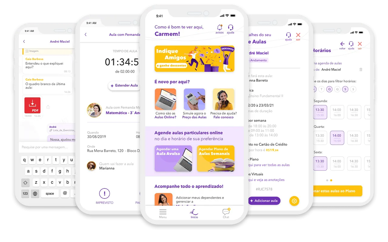 Cinco celulares mostrando diferentes telas do aplicativo de reforço escolar online da Liber. Da esquerda para direita está sendo exibido: o chat com o Tutor Liber (nosso professor particular);  uma aula particular online em andamento; a tela principal do App Liber (onde é possível agendar aulas, acompanhar as em andamento e muito mais); os detalhes de um plano de aula agendado; o calendário para escolher os dias e horários em que as aulas ocorrerão.