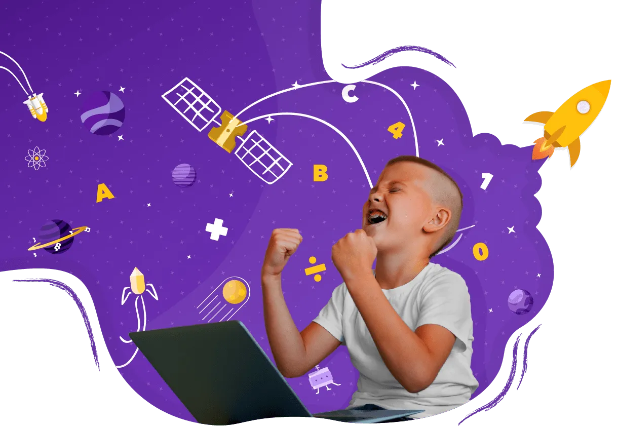 Aluno da Liber feliz com seu reforço escolar online. Ele está em frente ao computador comemorando com um fundo lúdico.
                  O fundo é um universo roxo criado por um foguete amarelo, nele é possível ver ilustrações de planetas, tecnologias, números, letras, material escolar e tudo o que possa representar o conhecimento adquirido pelo aluno com a aula particular.
                  (versão da ilustração para tablet)