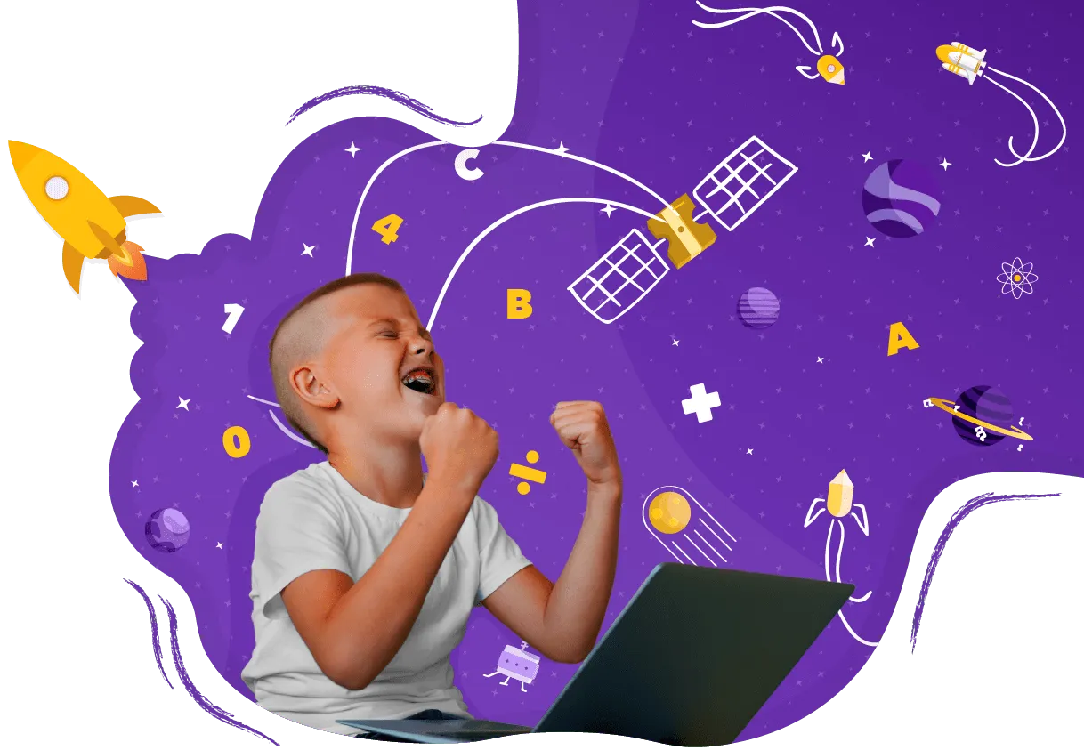Aluno da Liber feliz com seu reforço escolar online. Ele está em frente ao computador comemorando com um fundo lúdico.
                  O fundo é um universo roxo criado por um foguete amarelo, nele é possível ver ilustrações de planetas, tecnologias, números, letras, material escolar e tudo o que possa representar o conhecimento adquirido pelo aluno com a aula particular.
                  (versão da ilustração para computador)