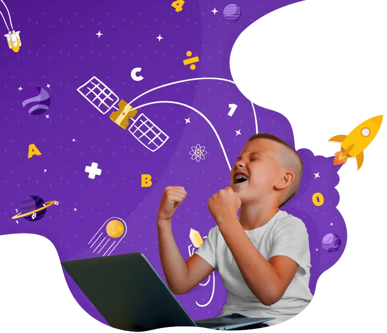 Aluno da Liber feliz com seu reforço escolar online. Ele está em frente ao computador comemorando com um fundo lúdico.
                  O fundo é um universo roxo criado por um foguete amarelo, nele é possível ver ilustrações de planetas, tecnologias, números, letras, material escolar e tudo o que possa representar o conhecimento adquirido pelo aluno com a aula particular.
                  (versão da ilustração para celulares)
