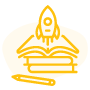 Foguete decolando a partir de uma pilha de livros e um lápis, representando o progresso que os alunos do ensino individualizado da Liber obtém com os exercícios direcionados e plano de estudos personalizado.