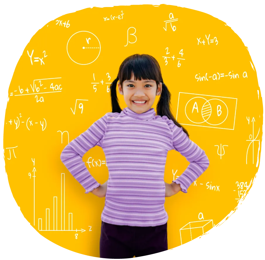 Aluna de aproximadamente 12 anos sorridente com as mãos na cintura em um posição confiante, agora que faz aulas particulares de reforço escolar de Matemática com a Liber. Atrás dela há um fundo com o tema de Matemática, contendo vários desenhos, fórmulas, equações e símbolos matemáticos.